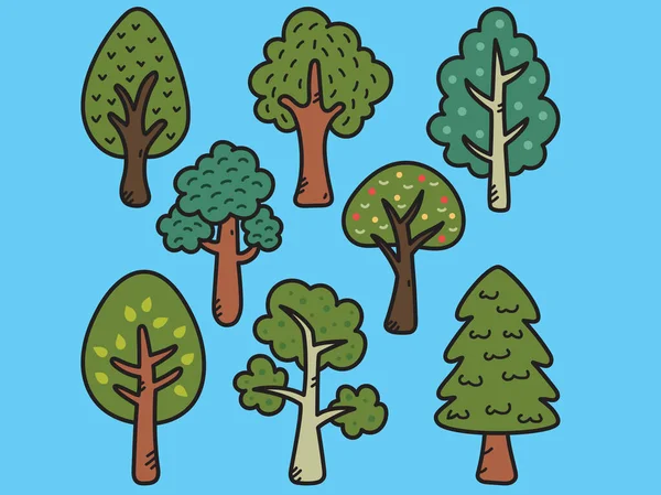 Trees Doodle Set Blue Background Vector Illustration — Stock Vector