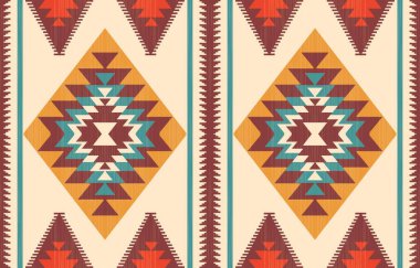 Aztek ve Navajo motiflerinin yer aldığı geometrik etnik Amerikan Yerli kabile desenleri kusursuz bir dekoratif doku oluşturur. Arkaplan, perde, halı, giysi, ambalaj için tasarım, Batik.