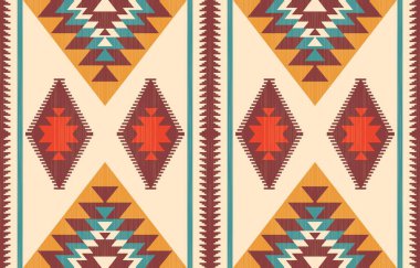 Aztek ve Navajo motiflerinin yer aldığı geometrik etnik Amerikan Yerli kabile desenleri kusursuz bir dekoratif doku oluşturur. Arkaplan, perde, halı, giysi, ambalaj için tasarım, Batik.