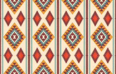Aztek ve Navajo motiflerinin yer aldığı geometrik etnik Amerikan Yerli kabile desenleri kusursuz bir dekoratif doku oluşturur. Arkaplan, perde, halı, giysi, ambalaj için tasarım, Batik.