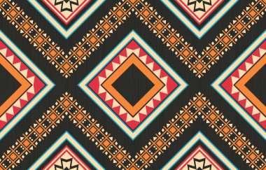 Aztek ve Navajo motiflerinin yer aldığı geometrik etnik Amerikan Yerli kabile desenleri kusursuz bir dekoratif doku oluşturur. Arkaplan, perde, halı, giysi, ambalaj için tasarım, Batik.