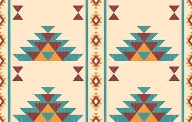 Aztek ve Navajo motiflerinin yer aldığı geometrik etnik Amerikan Yerli kabile desenleri kusursuz bir dekoratif doku oluşturur. Arkaplan, perde, halı, giysi, ambalaj için tasarım, Batik.