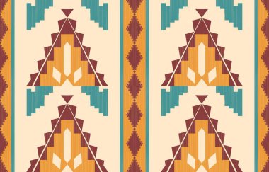 Aztek ve Navajo motiflerinin yer aldığı geometrik etnik Amerikan Yerli kabile desenleri kusursuz bir dekoratif doku oluşturur. Arkaplan, perde, halı, giysi, ambalaj için tasarım, Batik.