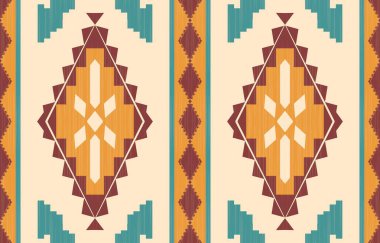 Aztek ve Navajo motiflerinin yer aldığı geometrik etnik Amerikan Yerli kabile desenleri kusursuz bir dekoratif doku oluşturur. Arkaplan, perde, halı, giysi, ambalaj için tasarım, Batik.