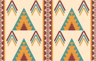 Aztek ve Navajo motiflerinin yer aldığı geometrik etnik Amerikan Yerli kabile desenleri kusursuz bir dekoratif doku oluşturur. Arkaplan, perde, halı, giysi, ambalaj için tasarım, Batik.