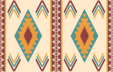 Aztek ve Navajo motiflerinin yer aldığı geometrik etnik Amerikan Yerli kabile desenleri kusursuz bir dekoratif doku oluşturur. Arkaplan, perde, halı, giysi, ambalaj için tasarım, Batik.