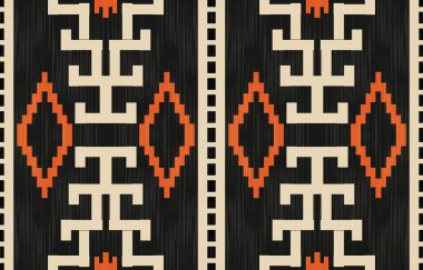 Aztek ve Navajo motiflerinin yer aldığı geometrik etnik Amerikan Yerli kabile desenleri kusursuz bir dekoratif doku oluşturur. Arkaplan, perde, halı, giysi, ambalaj için tasarım, Batik.