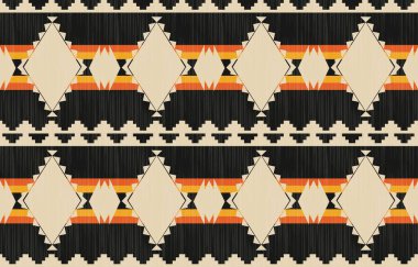 Aztek ve Navajo motiflerinin yer aldığı geometrik etnik Amerikan Yerli kabile desenleri kusursuz bir dekoratif doku oluşturur. Arkaplan, perde, halı, giysi, ambalaj için tasarım, Batik.