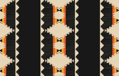 Aztek ve Navajo motiflerinin yer aldığı geometrik etnik Amerikan Yerli kabile desenleri kusursuz bir dekoratif doku oluşturur. Arkaplan, perde, halı, giysi, ambalaj için tasarım, Batik.