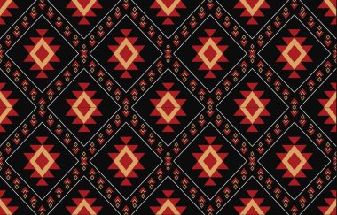 Aztek ve Navajo motiflerinin yer aldığı geometrik etnik Amerikan Yerli kabile desenleri kusursuz bir dekoratif doku oluşturur. Arkaplan, perde, halı, giysi, ambalaj için tasarım, Batik.