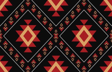 Aztek ve Navajo motiflerinin yer aldığı geometrik etnik Amerikan Yerli kabile desenleri kusursuz bir dekoratif doku oluşturur. Arkaplan, perde, halı, giysi, ambalaj için tasarım, Batik.