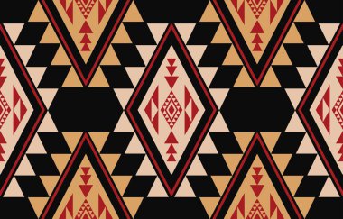 Aztek ve Navajo motiflerinin yer aldığı geometrik etnik Amerikan Yerli kabile desenleri kusursuz bir dekoratif doku oluşturur. Arkaplan, perde, halı, giysi, ambalaj için tasarım, Batik.
