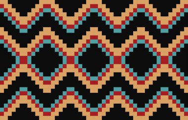 Aztek ve Navajo motiflerinin yer aldığı geometrik etnik Amerikan Yerli kabile desenleri kusursuz bir dekoratif doku oluşturur. Arkaplan, perde, halı, giysi, ambalaj için tasarım, Batik.
