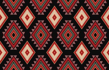 Aztek ve Navajo motiflerinin yer aldığı geometrik etnik Amerikan Yerli kabile desenleri kusursuz bir dekoratif doku oluşturur. Arkaplan, perde, halı, giysi, ambalaj için tasarım, Batik.