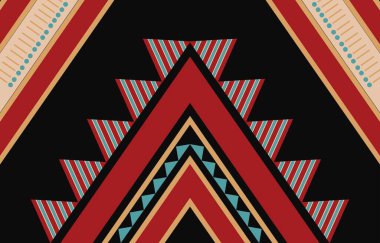 Aztek ve Navajo motiflerinin yer aldığı geometrik etnik Amerikan Yerli kabile desenleri kusursuz bir dekoratif doku oluşturur. Arkaplan, perde, halı, giysi, ambalaj için tasarım, Batik.