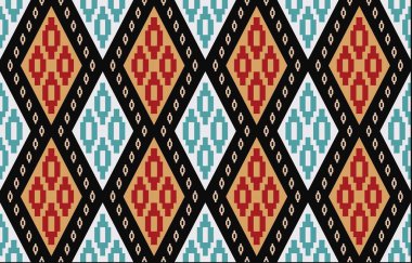 Aztek ve Navajo motiflerinin yer aldığı geometrik etnik Amerikan Yerli kabile desenleri kusursuz bir dekoratif doku oluşturur. Arkaplan, perde, halı, giysi, ambalaj için tasarım, Batik.