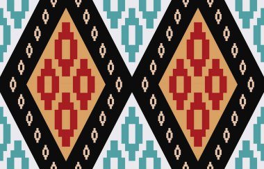 Aztek ve Navajo motiflerinin yer aldığı geometrik etnik Amerikan Yerli kabile desenleri kusursuz bir dekoratif doku oluşturur. Arkaplan, perde, halı, giysi, ambalaj için tasarım, Batik.