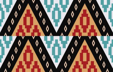 Aztek ve Navajo motiflerinin yer aldığı geometrik etnik Amerikan Yerli kabile desenleri kusursuz bir dekoratif doku oluşturur. Arkaplan, perde, halı, giysi, ambalaj için tasarım, Batik.