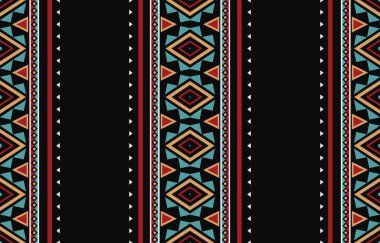 Aztek ve Navajo motiflerinin yer aldığı geometrik etnik Amerikan Yerli kabile desenleri kusursuz bir dekoratif doku oluşturur. Arkaplan, perde, halı, giysi, ambalaj için tasarım, Batik.