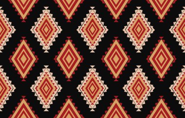 Aztek ve Navajo motiflerinin yer aldığı geometrik etnik Amerikan Yerli kabile desenleri kusursuz bir dekoratif doku oluşturur. Arkaplan, perde, halı, giysi, ambalaj için tasarım, Batik.