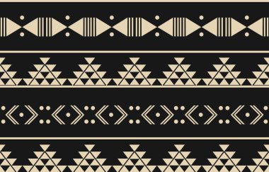 Aztek ve Navajo motiflerinin yer aldığı geometrik etnik Amerikan Yerli kabile desenleri kusursuz bir dekoratif doku oluşturur. Arkaplan, perde, halı, giysi, ambalaj için tasarım, Batik.