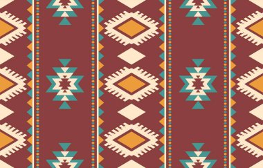 Aztek ve Navajo motiflerinin yer aldığı geometrik etnik Amerikan Yerli kabile desenleri kusursuz bir dekoratif doku oluşturur. Arkaplan, perde, halı, giysi, ambalaj için tasarım, Batik.