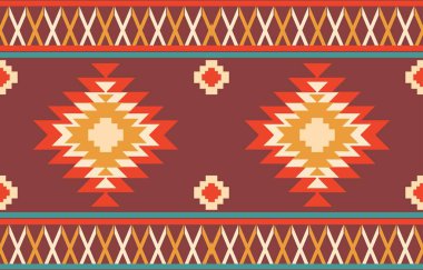Aztek ve Navajo motiflerinin yer aldığı geometrik etnik Amerikan Yerli kabile desenleri kusursuz bir dekoratif doku oluşturur. Arkaplan, perde, halı, giysi, ambalaj için tasarım, Batik.