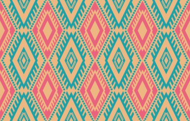 Aztek ve Navajo motiflerinin yer aldığı geometrik etnik Amerikan Yerli kabile desenleri kusursuz bir dekoratif doku oluşturur. Arkaplan, perde, halı, giysi, ambalaj için tasarım, Batik.