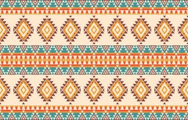 Aztek ve Navajo motiflerinin yer aldığı geometrik etnik Amerikan Yerli kabile desenleri kusursuz bir dekoratif doku oluşturur. Arkaplan, perde, halı, giysi, ambalaj için tasarım, Batik.