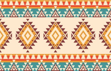 Aztek ve Navajo motiflerinin yer aldığı geometrik etnik Amerikan Yerli kabile desenleri kusursuz bir dekoratif doku oluşturur. Arkaplan, perde, halı, giysi, ambalaj için tasarım, Batik.