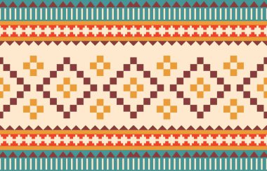 Aztek ve Navajo motiflerinin yer aldığı geometrik etnik Amerikan Yerli kabile desenleri kusursuz bir dekoratif doku oluşturur. Arkaplan, perde, halı, giysi, ambalaj için tasarım, Batik.