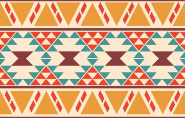 Aztek ve Navajo motiflerinin yer aldığı geometrik etnik Amerikan Yerli kabile desenleri kusursuz bir dekoratif doku oluşturur. Arkaplan, perde, halı, giysi, ambalaj için tasarım, Batik.