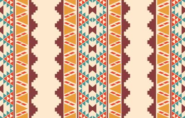Aztek ve Navajo motiflerinin yer aldığı geometrik etnik Amerikan Yerli kabile desenleri kusursuz bir dekoratif doku oluşturur. Arkaplan, perde, halı, giysi, ambalaj için tasarım, Batik.
