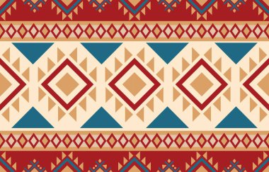Aztek ve Navajo motiflerinin yer aldığı geometrik etnik Amerikan Yerli kabile desenleri kusursuz bir dekoratif doku oluşturur. Arkaplan, perde, halı, giysi, ambalaj için tasarım, Batik.