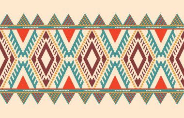 Aztek ve Navajo motiflerinin yer aldığı geometrik etnik Amerikan Yerli kabile desenleri kusursuz bir dekoratif doku oluşturur. Arkaplan, perde, halı, giysi, ambalaj için tasarım, Batik.