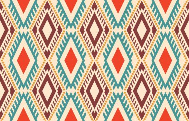 Aztek ve Navajo motiflerinin yer aldığı geometrik etnik Amerikan Yerli kabile desenleri kusursuz bir dekoratif doku oluşturur. Arkaplan, perde, halı, giysi, ambalaj için tasarım, Batik.
