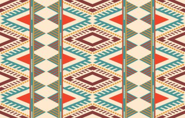 Aztek ve Navajo motiflerinin yer aldığı geometrik etnik Amerikan Yerli kabile desenleri kusursuz bir dekoratif doku oluşturur. Arkaplan, perde, halı, giysi, ambalaj için tasarım, Batik.