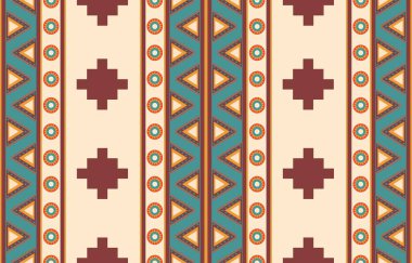 Aztek ve Navajo motiflerinin yer aldığı geometrik etnik Amerikan Yerli kabile desenleri kusursuz bir dekoratif doku oluşturur. Arkaplan, perde, halı, giysi, ambalaj için tasarım, Batik.