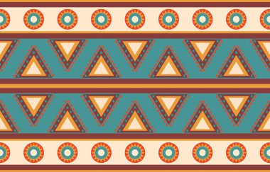 Aztek ve Navajo motiflerinin yer aldığı geometrik etnik Amerikan Yerli kabile desenleri kusursuz bir dekoratif doku oluşturur. Arkaplan, perde, halı, giysi, ambalaj için tasarım, Batik.