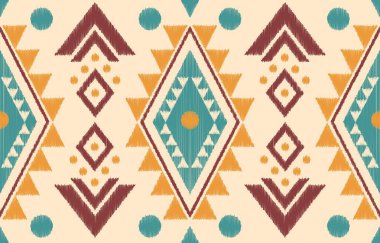 Geometrik etnik oryantal ikat kusursuz desenli renk doğulu. Aztek süsü izi. Arkaplan, perde, halı, duvar kağıdı, giysi, ambalaj, Batik, vektör illüstrasyonu için tasarım.
