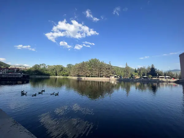 stock image Reflection of a small hill in a lake