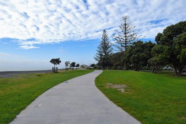 Güzel mavi silueti olan sahil parkının yolu. Yüksek kalite fotoğraf