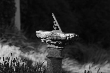 Güneş saati doğayla çevrili bir tezgahta. 