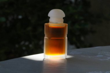 a bottle of essential oil in a glass jar on a white background