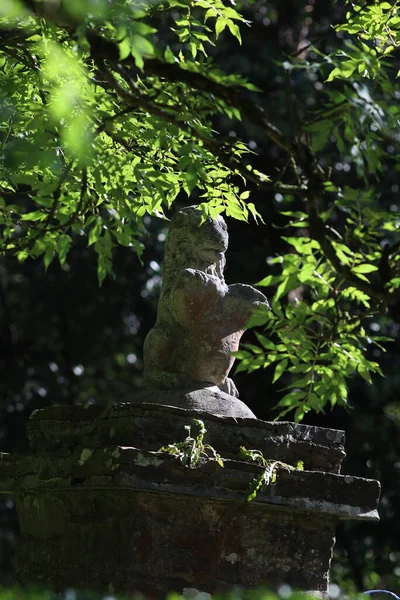 a view of the statue of a lion in the forest
