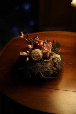 christmas decorations on a wooden background in the composition