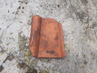 An orange roof tile on cement floor with mosses. Roof clay pan tiles made from terra cotta or terracotta.