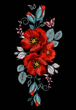 Çiçekli nakış deseni. Yazdırma veya t-shirt için el çizimi vektör illüstrasyonu