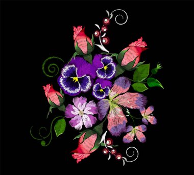 İşlemeli turuncu güller, kelebekler ve diğer kır çiçekleri.