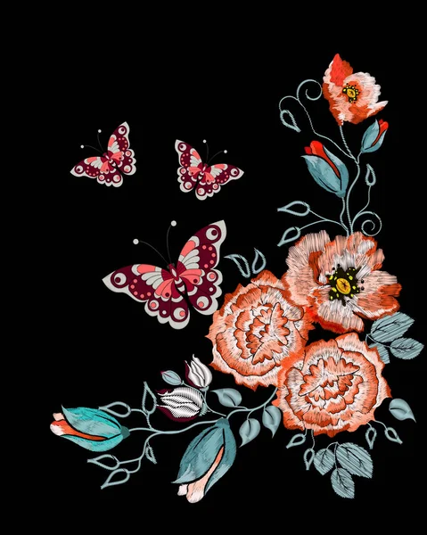 Ornamento Popolare Ricamato Rose Arancioni Farfalla — Vettoriale Stock